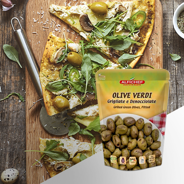 GRILLED GREEN OLIVES, PITTED